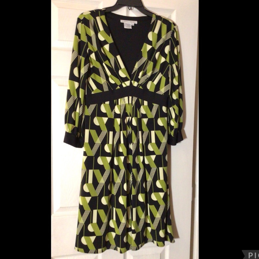 Maggy London Womens Geometric Green Black Fit & Flare Dress